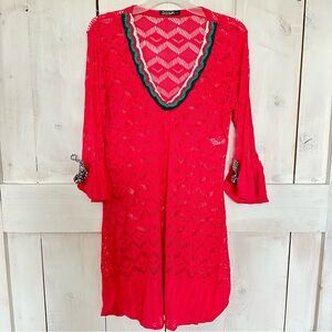 DESPI‎ Swim Coverup Pullover Red Dress Cutout Pom Pom Size Large